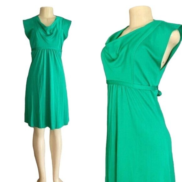 Vintage 70s Summer dress With attached belt in green size S short sleeves. - Picture 1 of 10